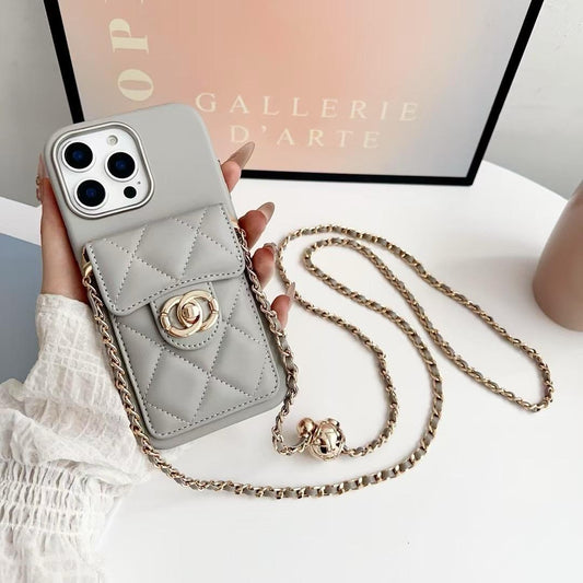 Funda acolchada para iPhone tipo bandolera con correa de cadena & Bolsillo para tarjetas