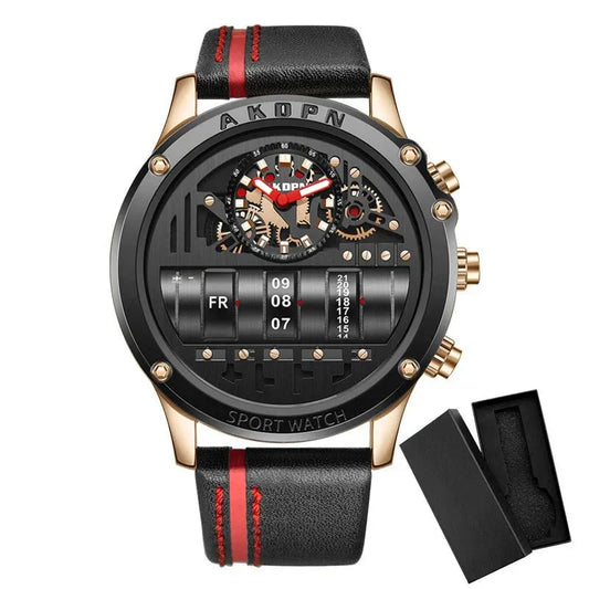 Stylish Quartz Men's Watch with Unique Rotating Date and Leather Strap - Military-Inspired Casual Timepiece