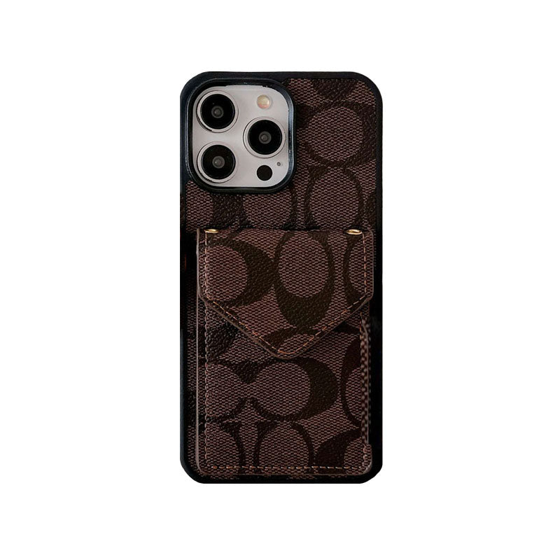 Klasické pouzdro na iPhone s držákem karty a popruhem světle hnědé -SJ240513