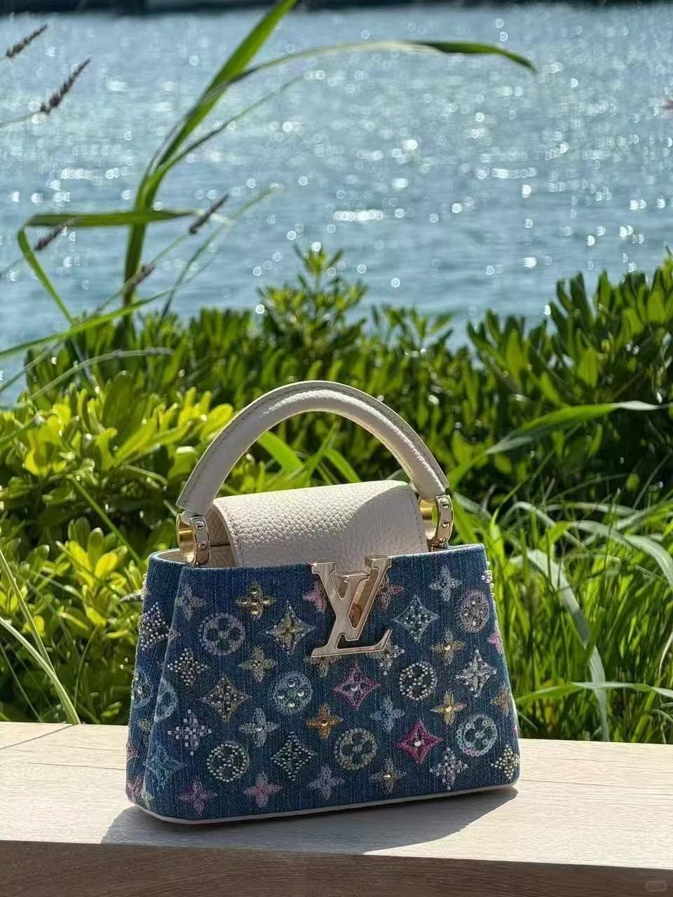 Lyxig denim-utsmyckade Capucines-miniväska