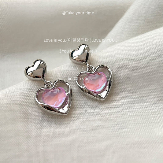 Iridescent Pink Heart Drop Earrings – French Sweet Chic with Edgy Twist accessories