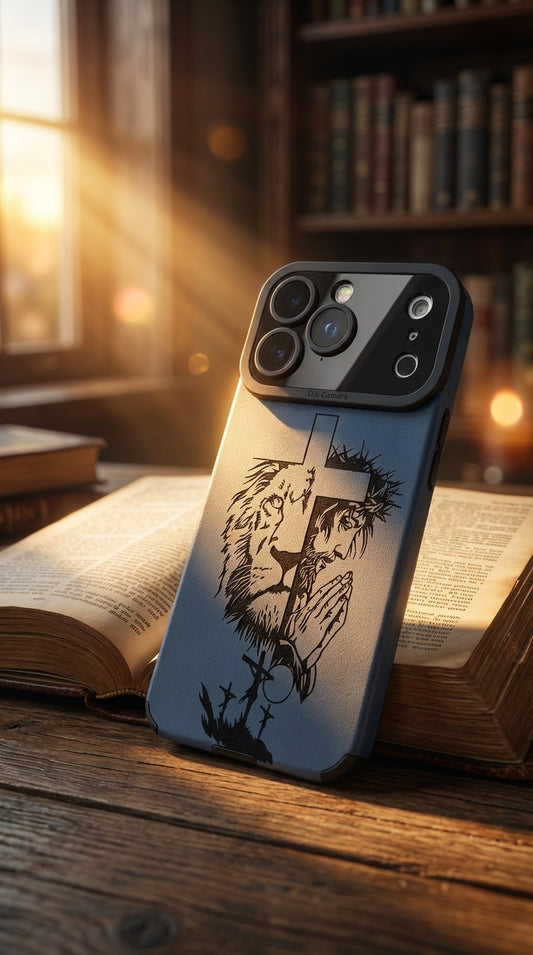 Faith & Strength Engraved iPhone Case – Lion & Prayer Cross Design