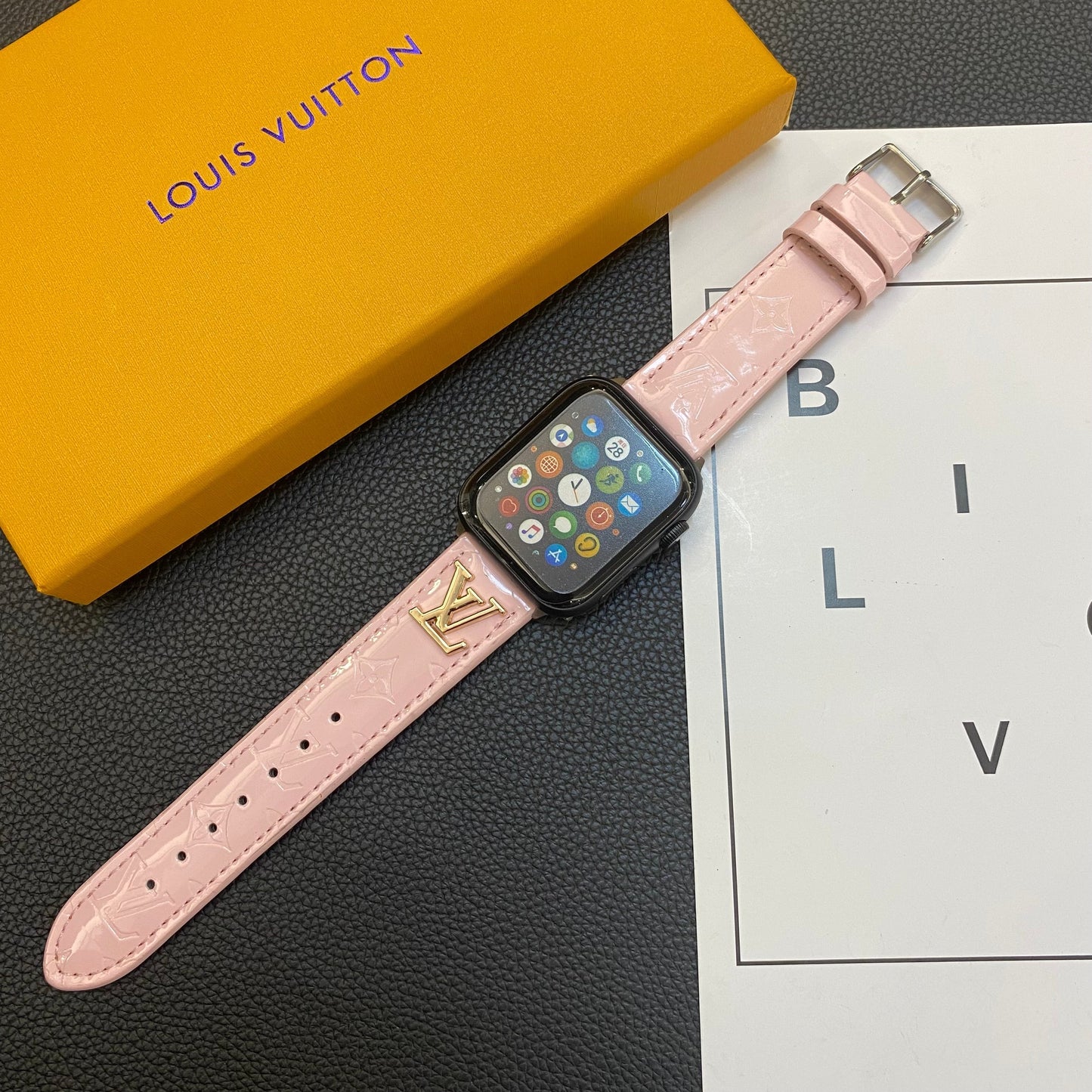GLOSSY LEATHER APPLE WATCH STRAP LUXURY METAL LOGO