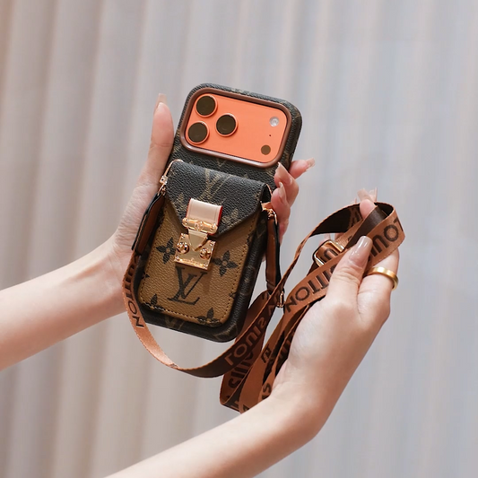 Funda para iPhone con bolsillo para tarjetas de cuero inspirada en el lujo