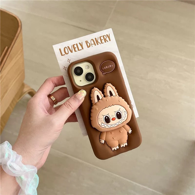 Simpatico cartone animato Labubu Zimomo in silicone con supporto | Marrone/Rosa - Custodia per iPhone
