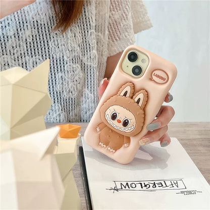Simpatico cartone animato Labubu Zimomo in silicone con supporto | Marrone/Rosa - Custodia per iPhone