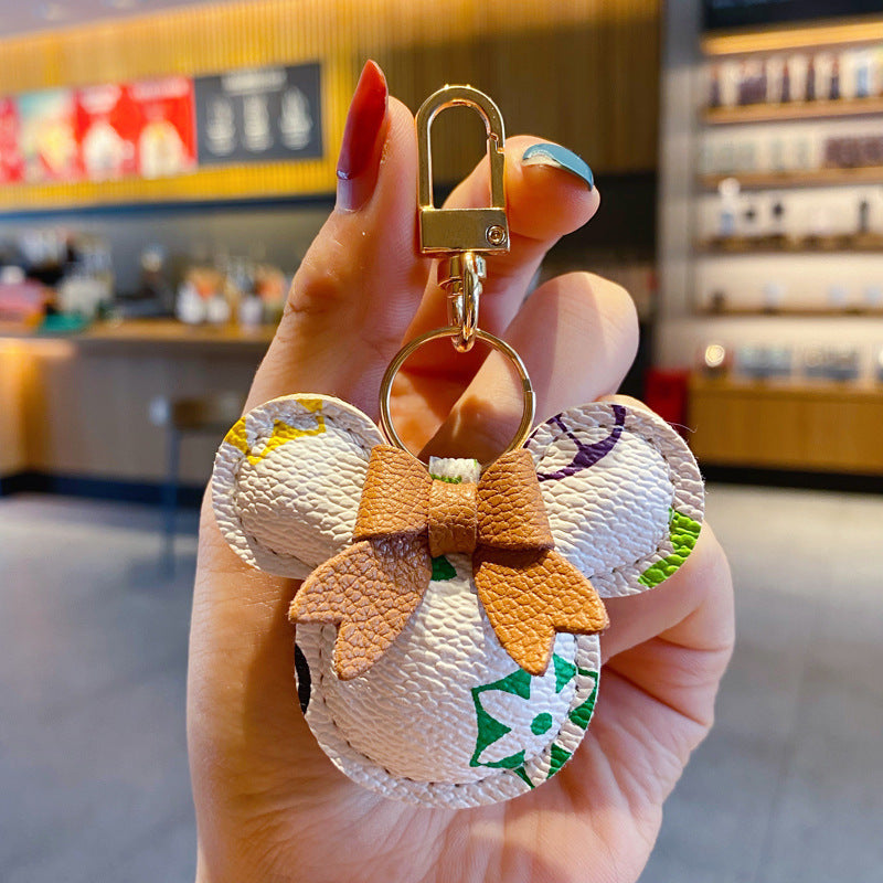 Luxury Mickey Keychain – Faux Leather & Fur Pom Charm for Handbag or Car