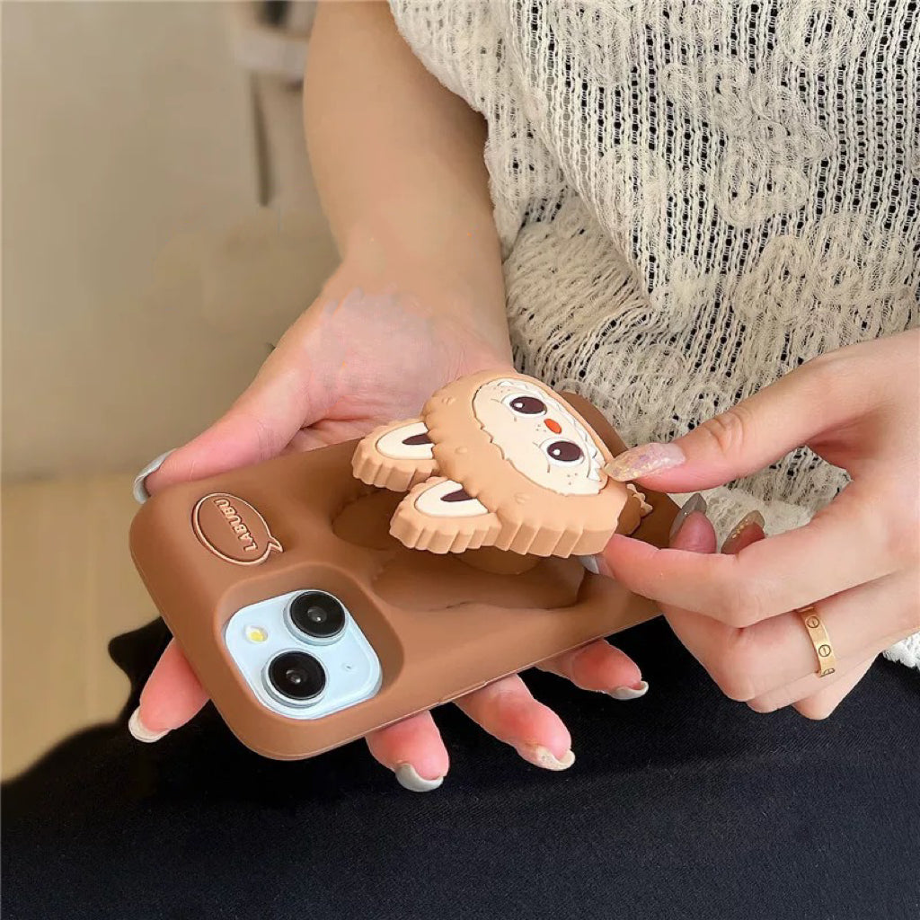 Simpatico cartone animato Labubu Zimomo in silicone con supporto | Marrone/Rosa - Custodia per iPhone
