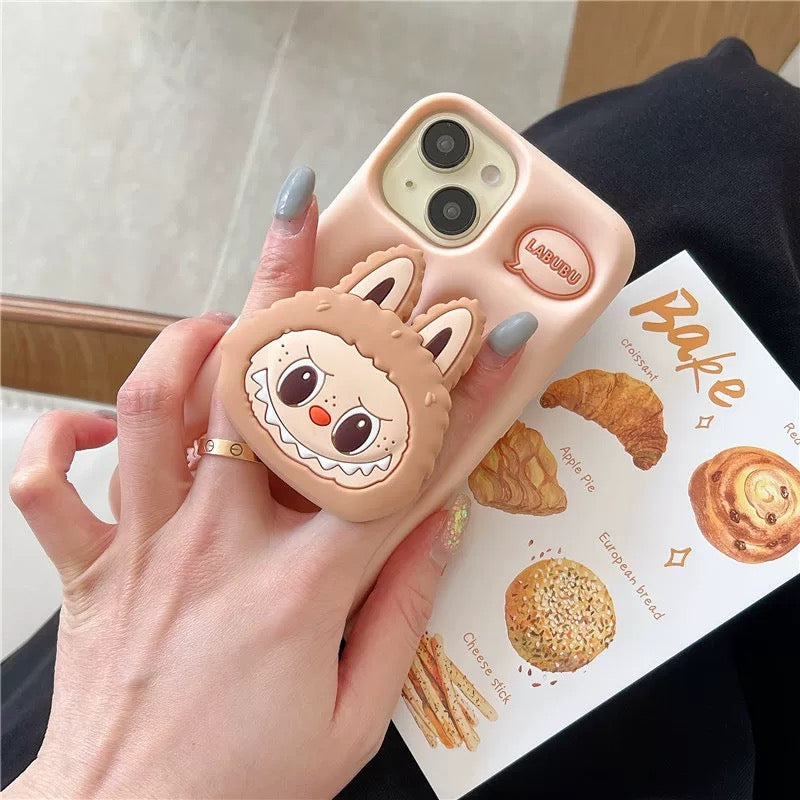 Simpatico cartone animato Labubu Zimomo in silicone con supporto | Marrone/Rosa - Custodia per iPhone