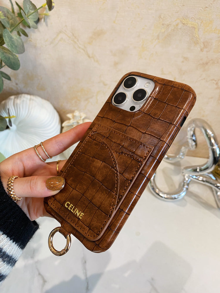Alligator Print Celine iPhone-kotelo korttitelineellä ja ruskealla hihnalla -EYP241415