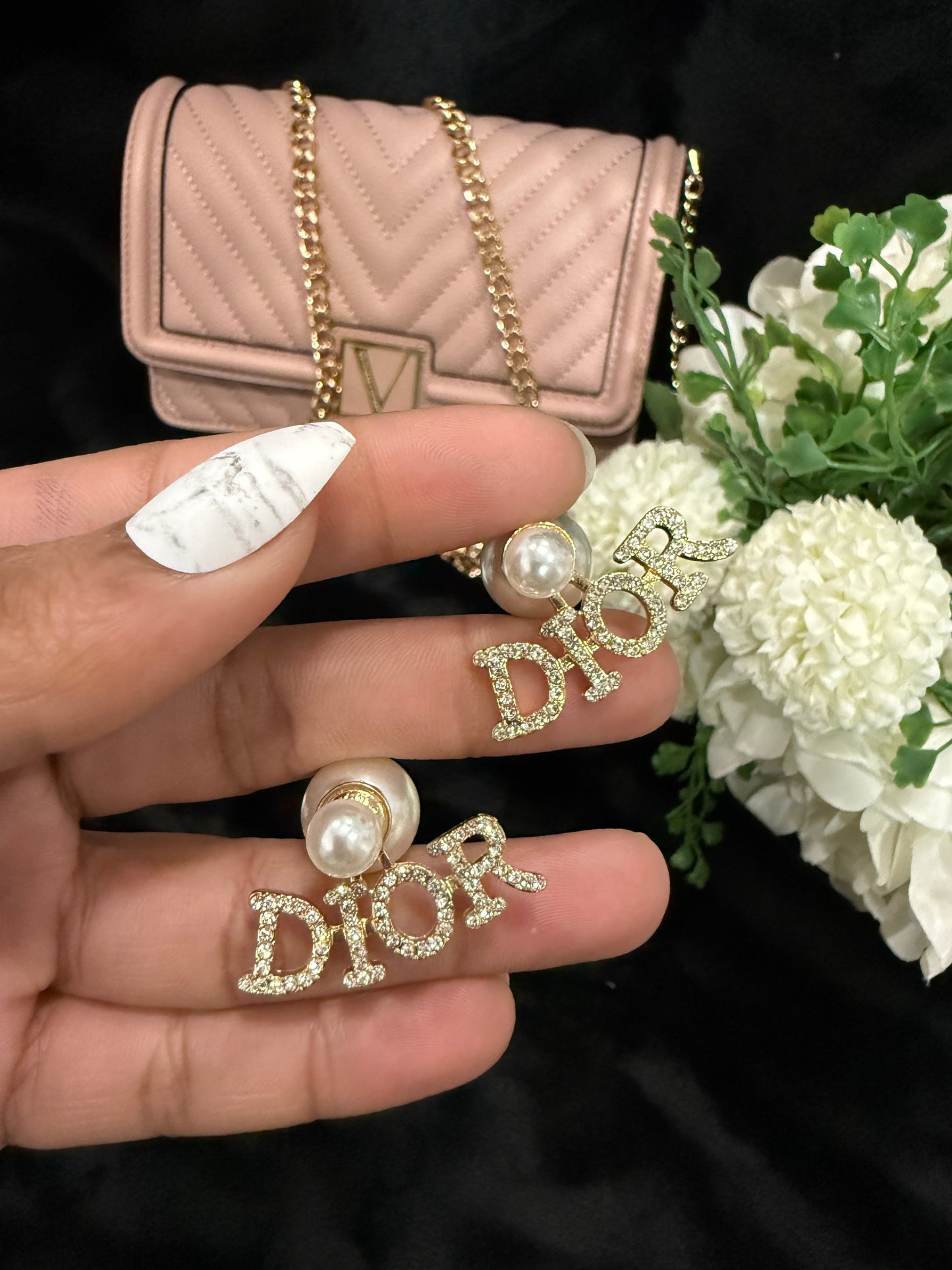 D!0r حلق ألماس لؤلؤي مع حقيبة وصندوق هدايا