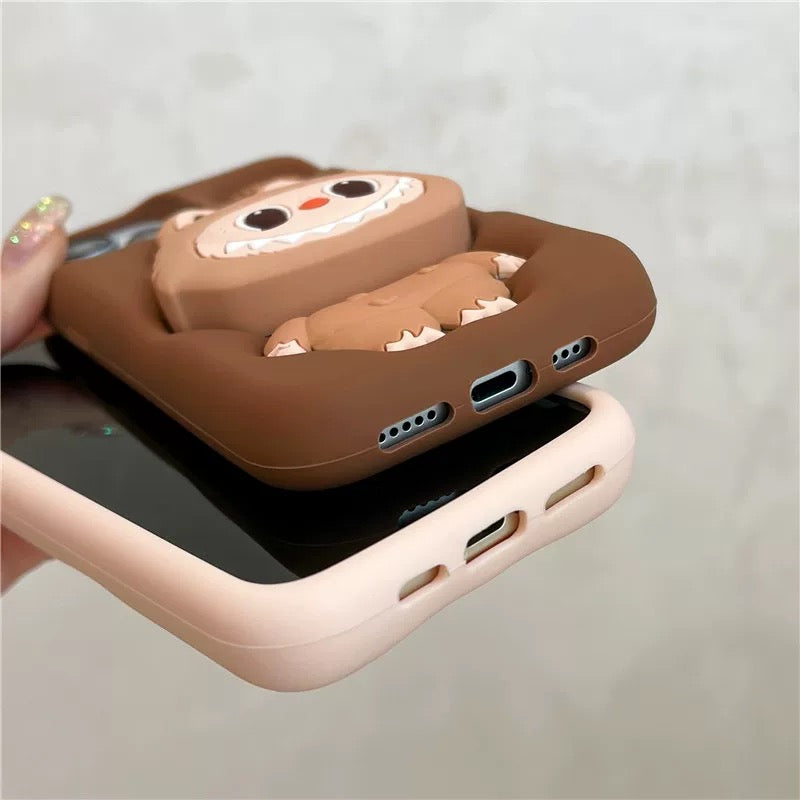 Simpatico cartone animato Labubu Zimomo in silicone con supporto | Marrone/Rosa - Custodia per iPhone