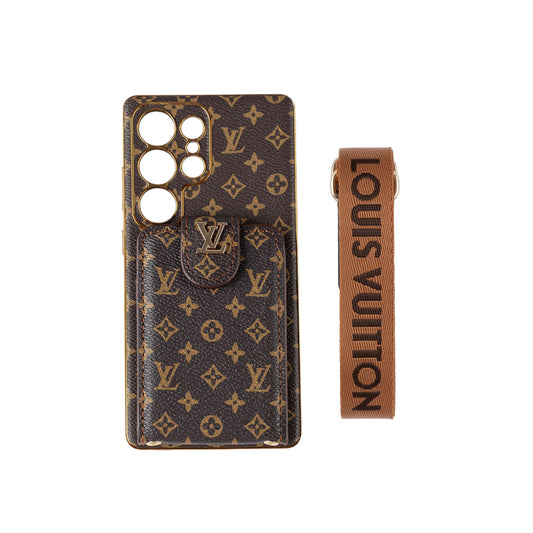 Funda para teléfono multifunción de piel con monograma de lujo con correa para la muñeca