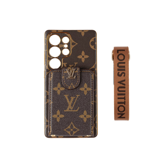 Funda para teléfono multifunción de piel con monograma de lujo con correa para la muñeca