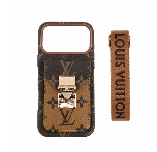 Funda para iPhone con bolsillo para tarjetas de cuero inspirada en el lujo