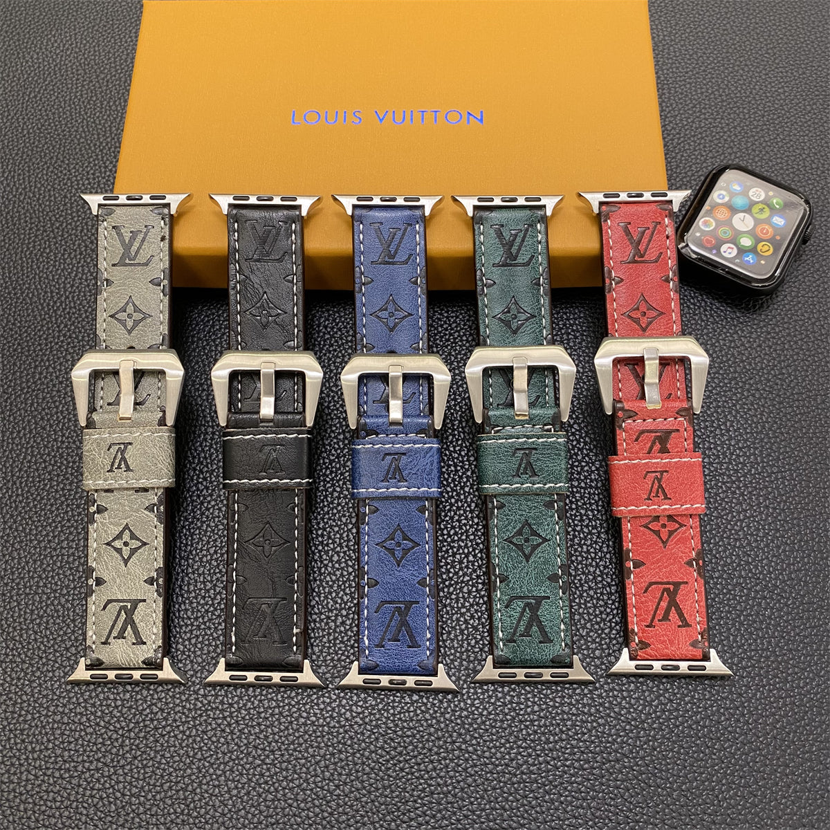 Leather Monogram Apple Watch Bands Leather Blue-YH24422