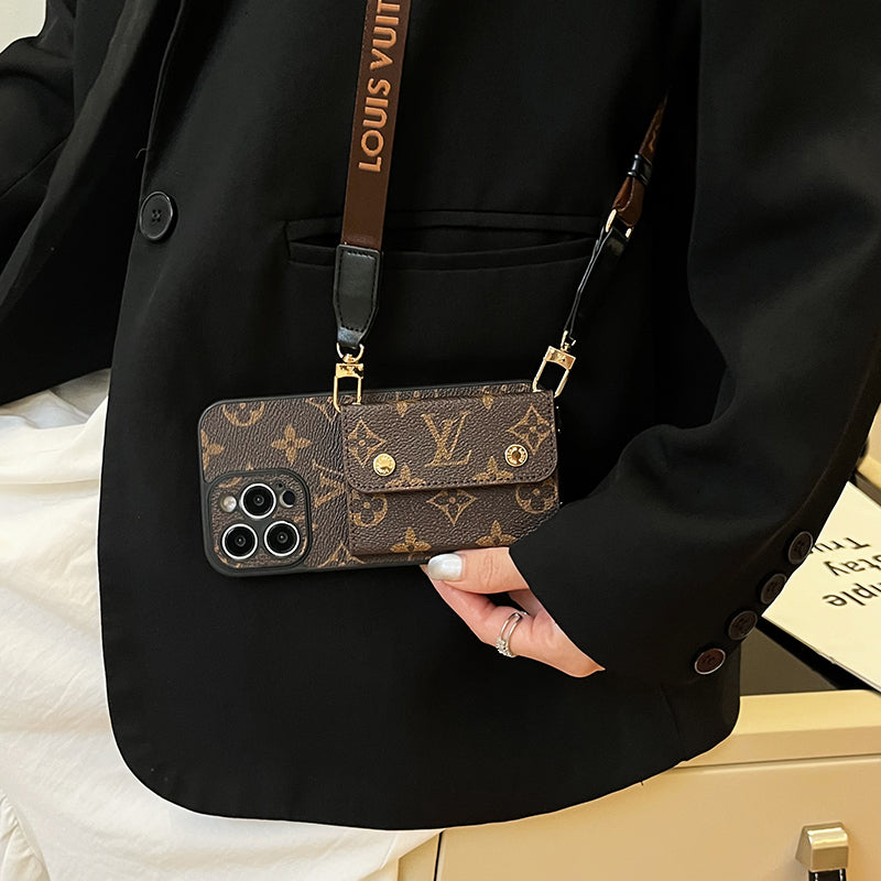 Luxuriöse iPhone-Hülle mit Kartentaschenkette in Braun