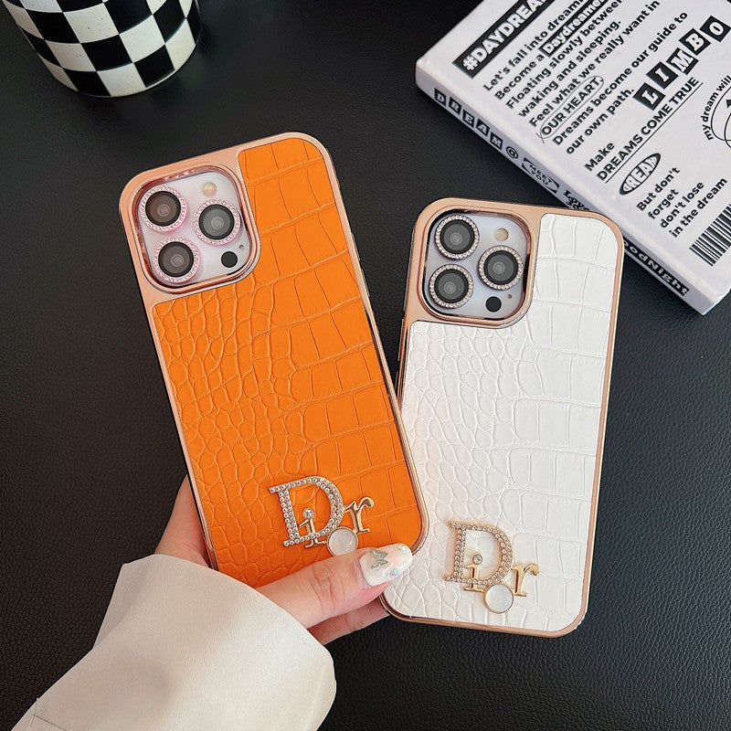 Custodia per iPhone in oro rosa con logo diamante alla moda