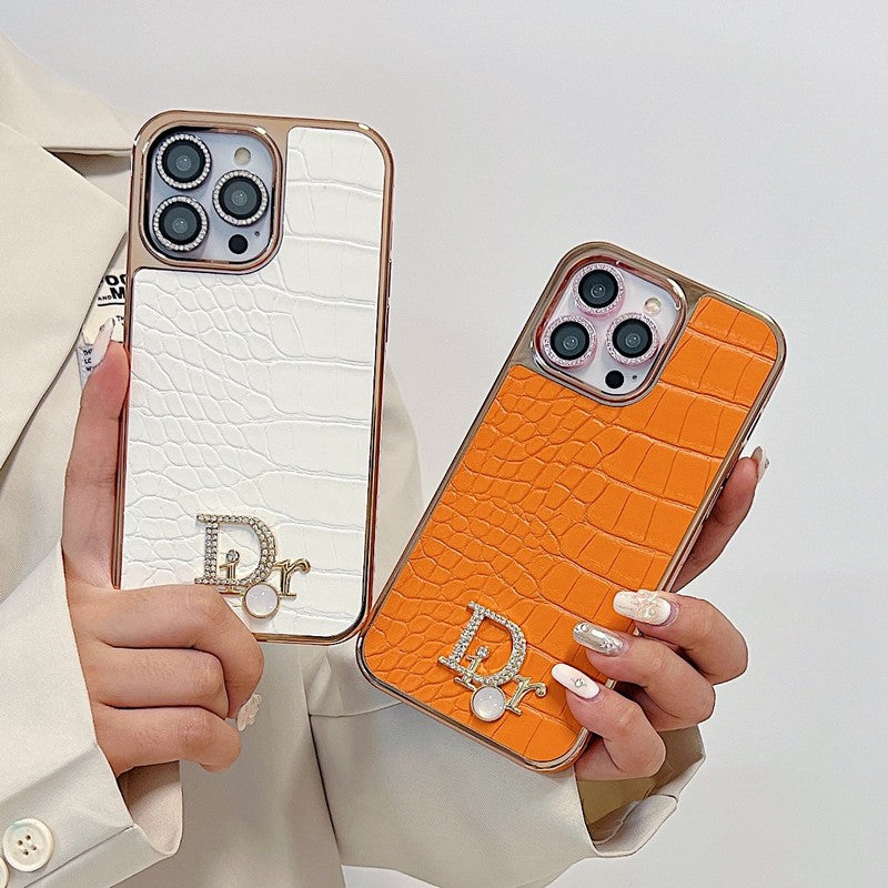 Custodia per iPhone in oro rosa con logo diamante alla moda
