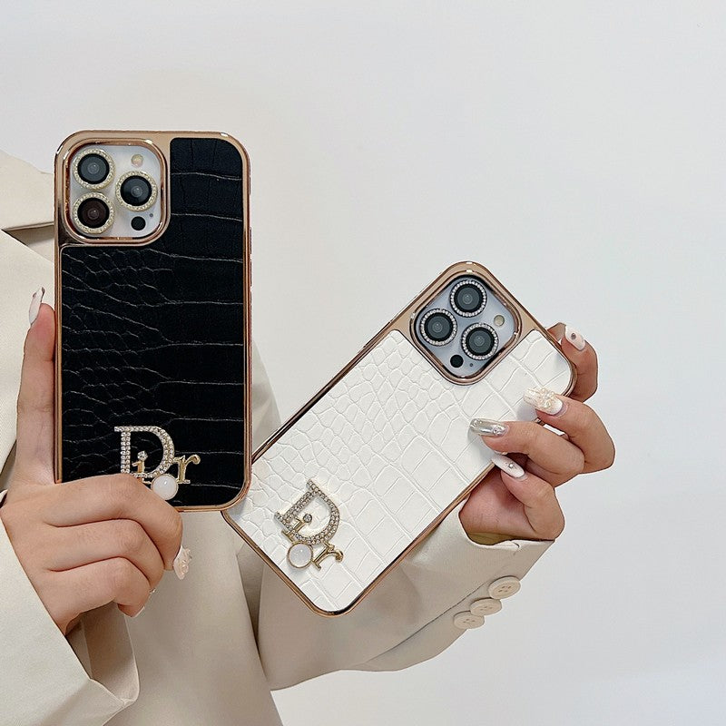 Custodia per iPhone in oro rosa con logo diamante alla moda