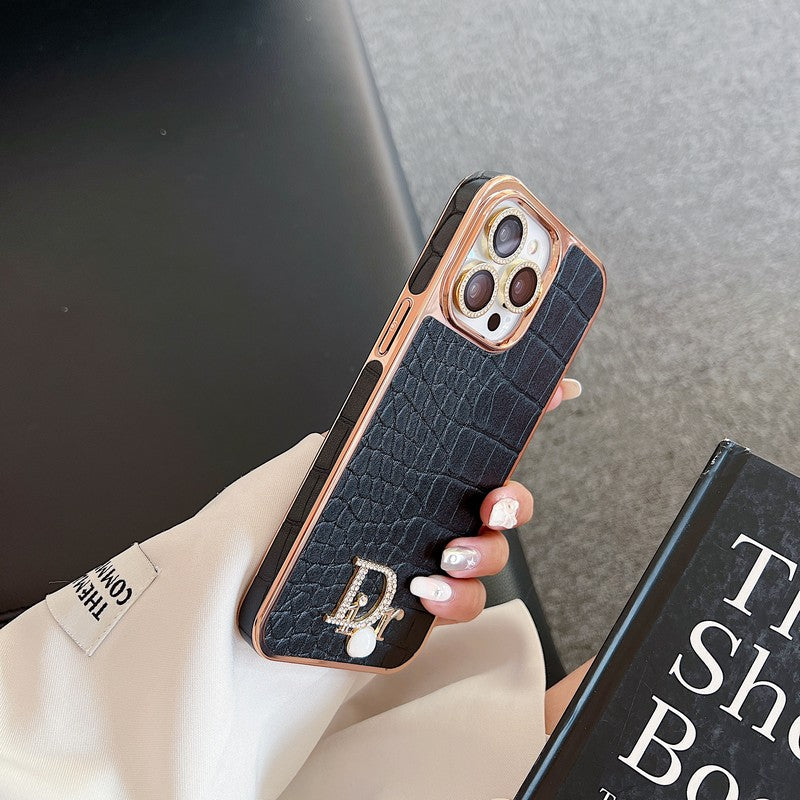 Custodia per iPhone in oro rosa con logo diamante alla moda