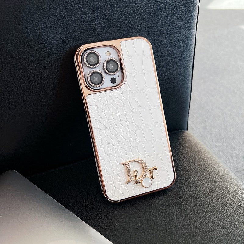 Custodia per iPhone in oro rosa con logo diamante alla moda