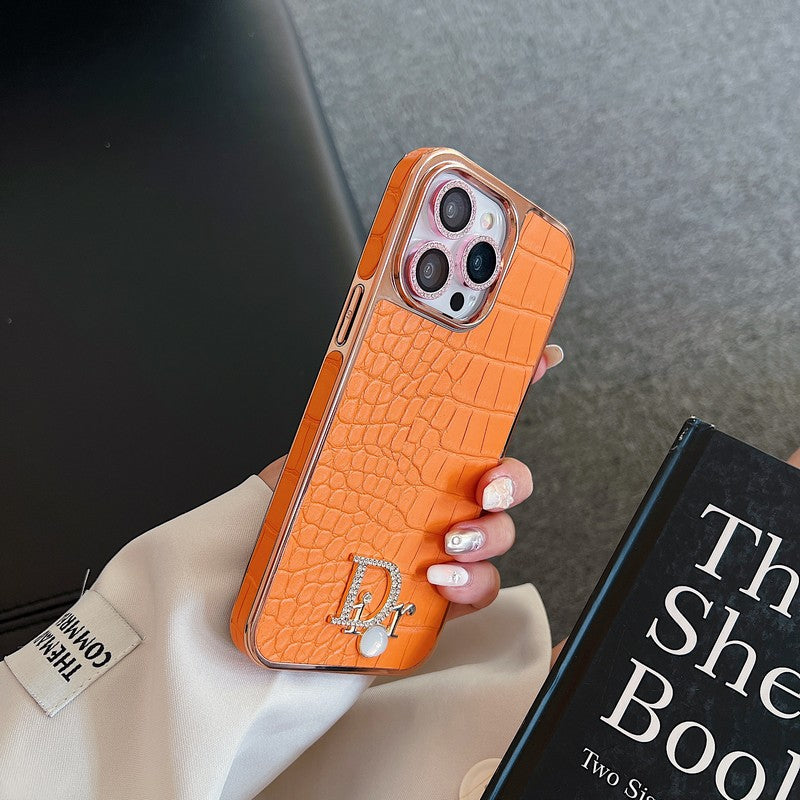Custodia per iPhone in oro rosa con logo diamante alla moda