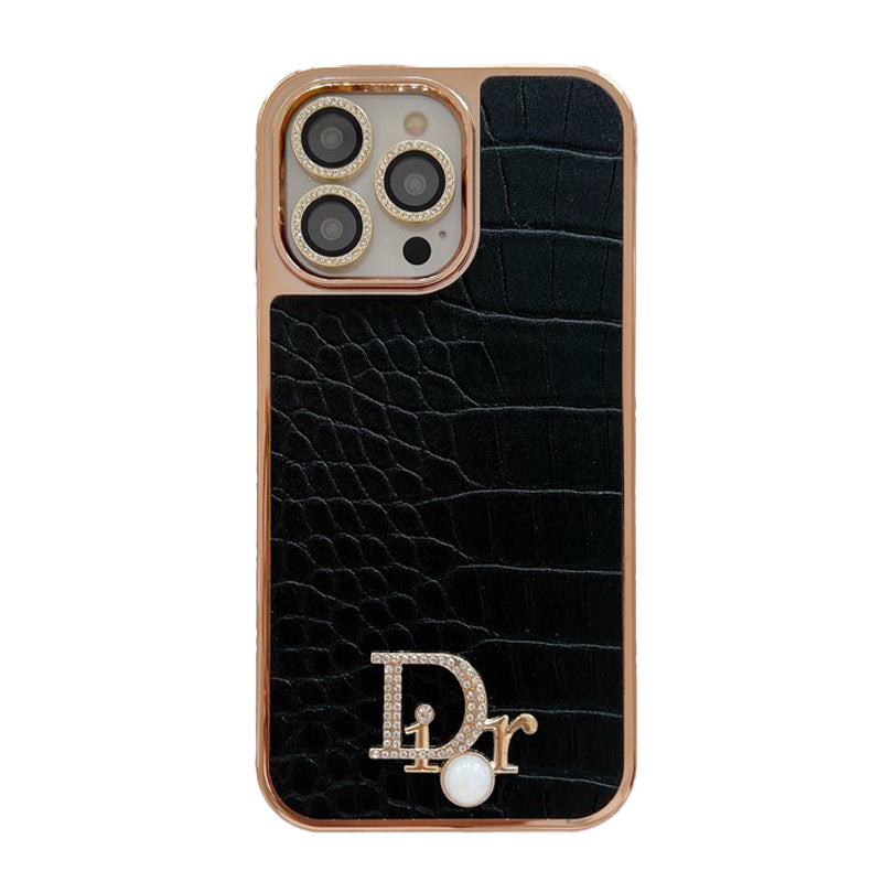 Custodia per iPhone in oro rosa con logo diamante alla moda