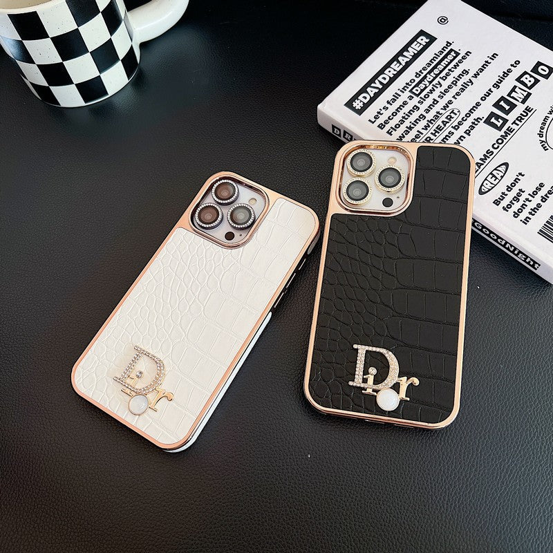 Custodia per iPhone in oro rosa con logo diamante alla moda