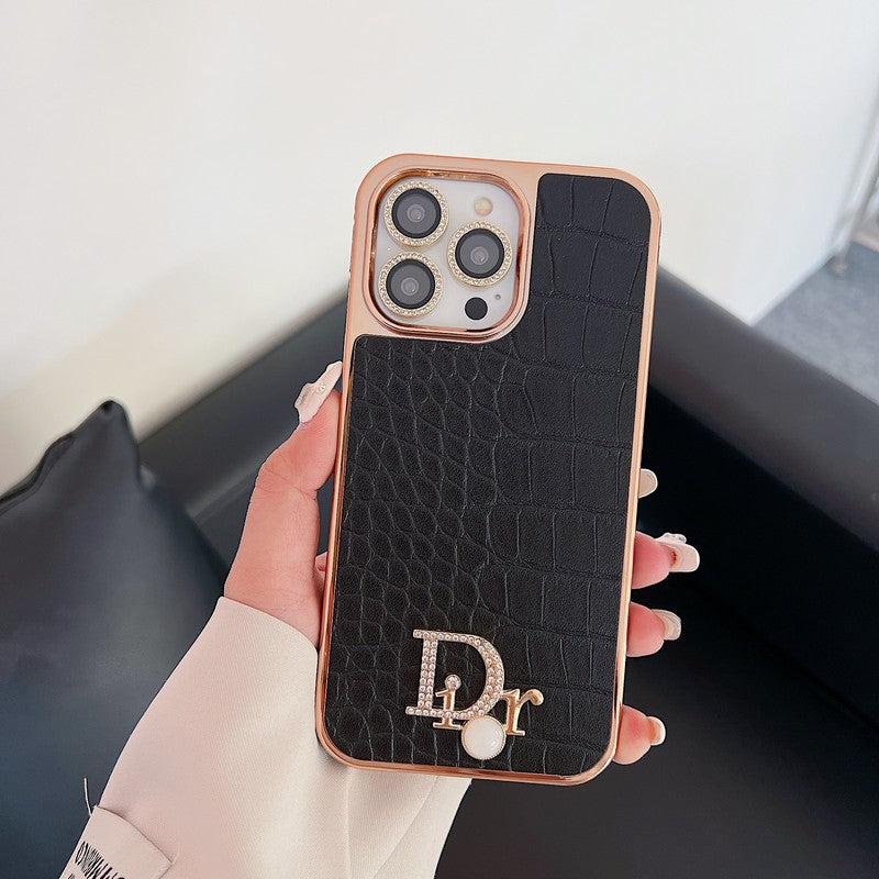 Custodia per iPhone in oro rosa con logo diamante alla moda