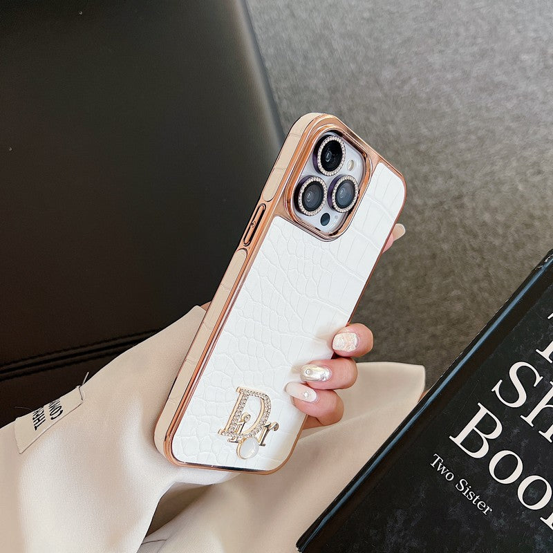 Custodia per iPhone in oro rosa con logo diamante alla moda