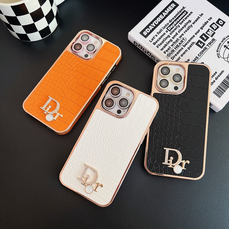 Custodia per iPhone in oro rosa con logo diamante alla moda