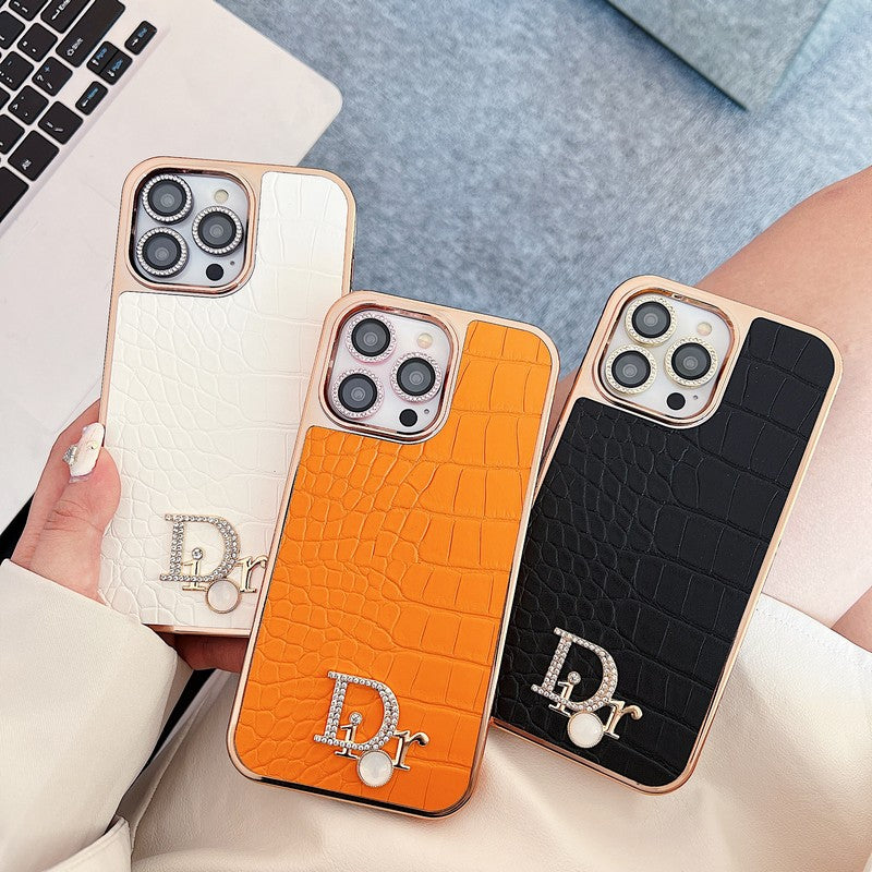 Custodia per iPhone in oro rosa con logo diamante alla moda