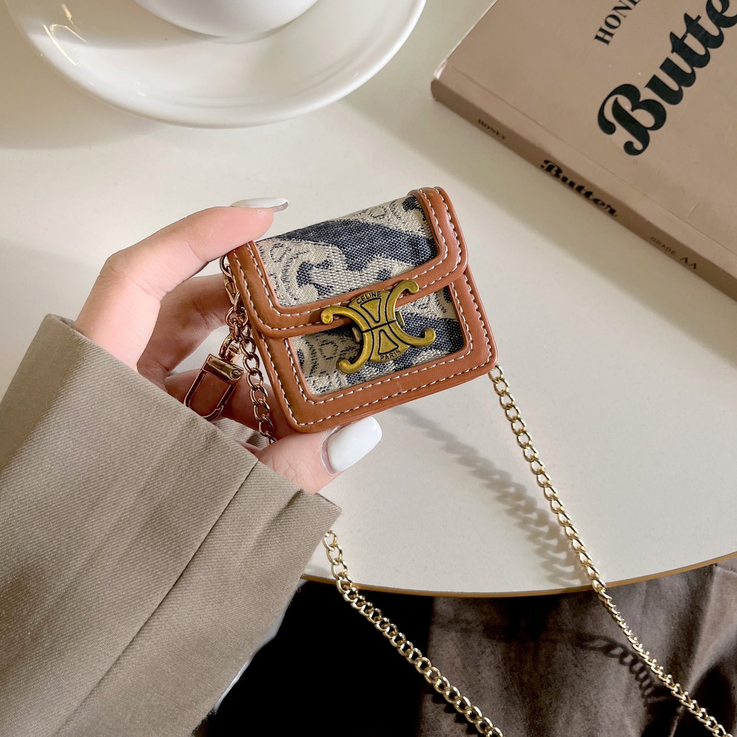 Luxury Leather Keychain AirPods Case with Gold Hardware