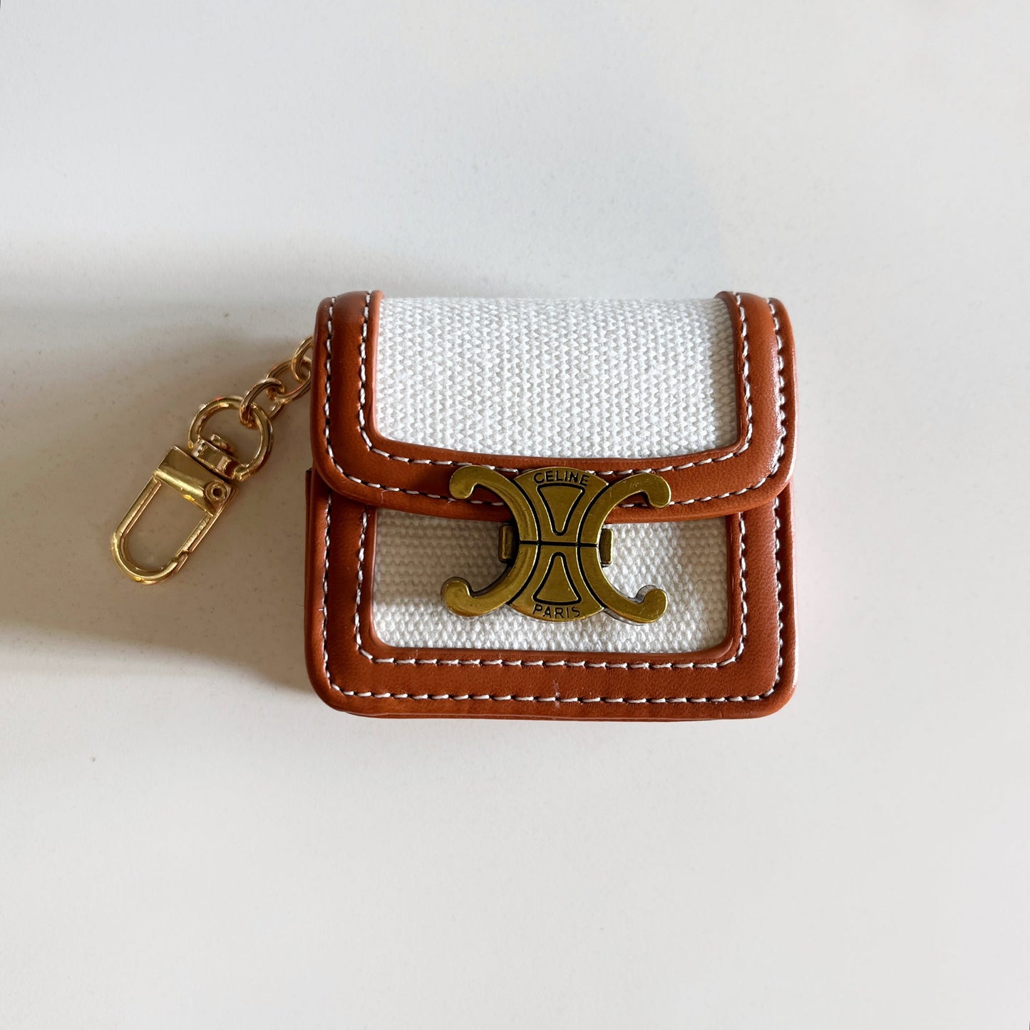 Luxury Leather Keychain AirPods Case with Gold Hardware