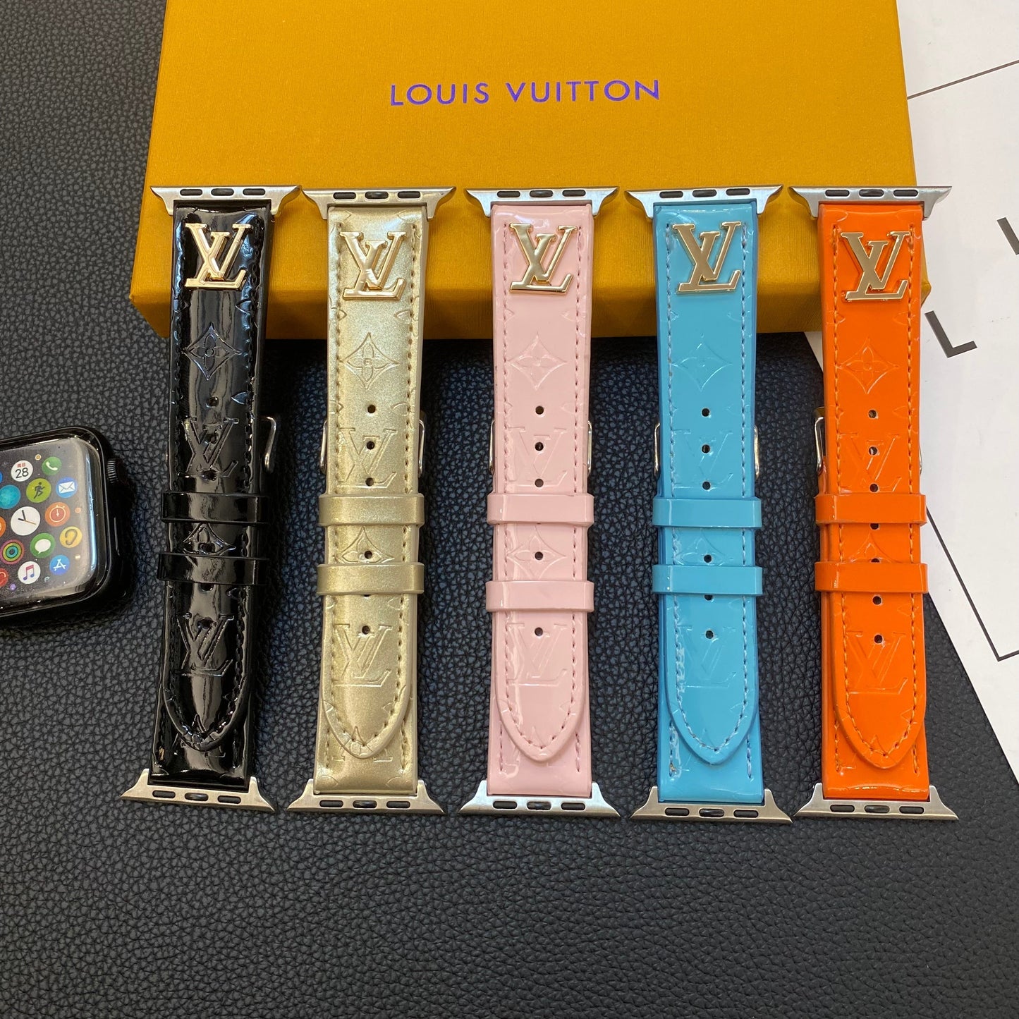 GLOSSY LEATHER APPLE WATCH STRAP LUXURY METAL LOGO