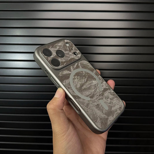 Funda de cuero de primera calidad para iPhone compatible con MagSafe con acabado en textura de nieve