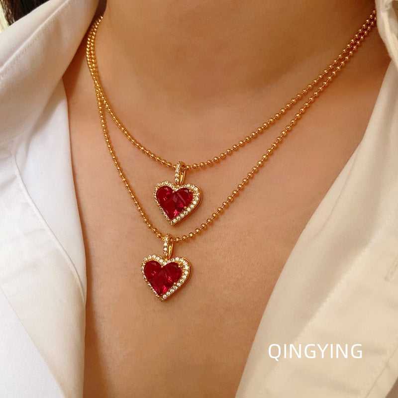 French Luxe Red Heart Pendant Necklace – Dainty Glamour with Full Rhinestones accessories