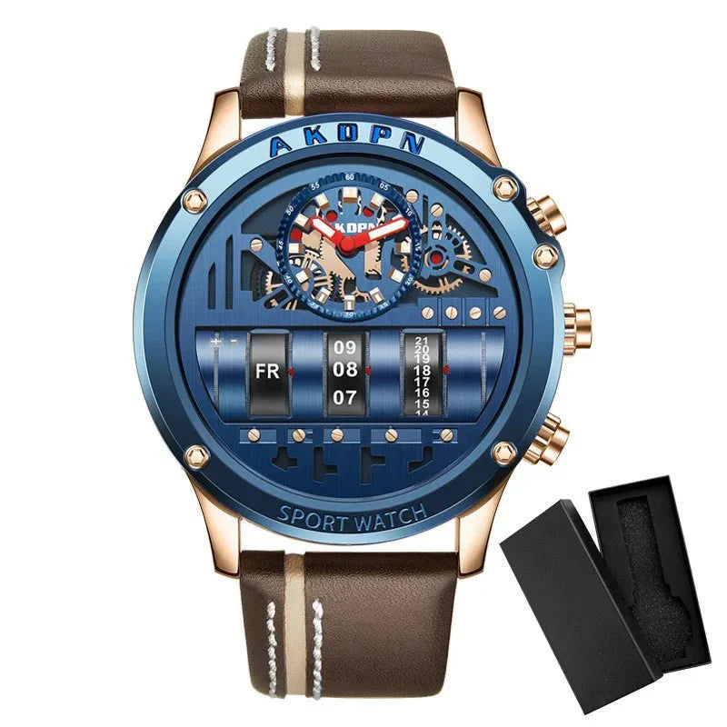 Stylish Quartz Men's Watch with Unique Rotating Date and Leather Strap - Military-Inspired Casual Timepiece